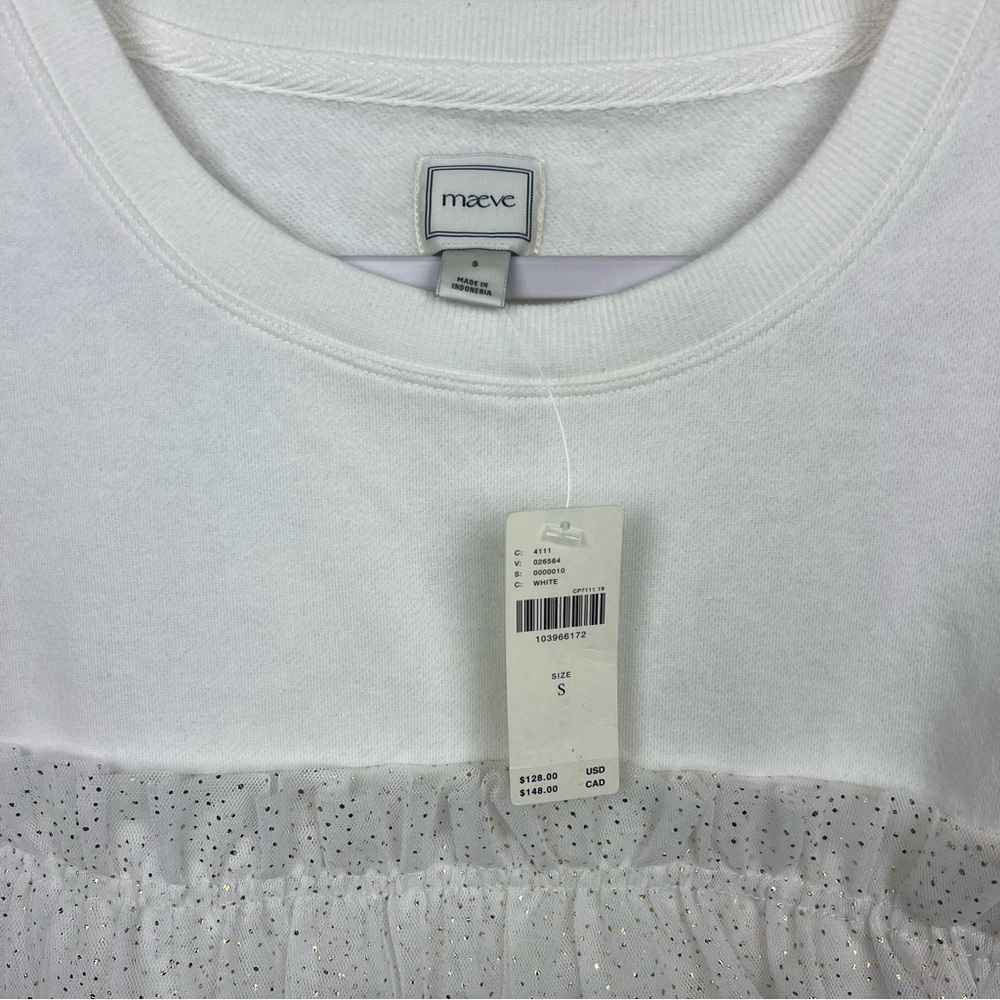 Maeve Short-Sleeve Smocked Ruffled Sweatshirt S White / Gold Women’s Tulle - Picture 6 of 8